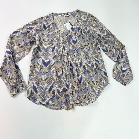 NWT J.Jill Blouse Womens Small Multicolor Rayon Pleated Earthy Peach Tribal - Picture 1 of 12